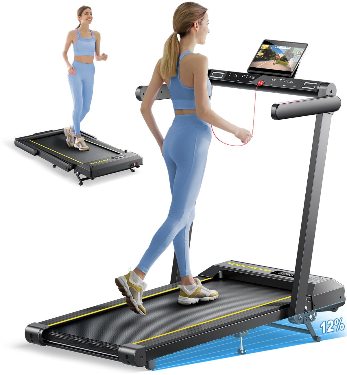 TOPUTURE Walking Pad Treadmill 12% Incline, Handle Bar, Bluetooth Speaker, 2.5HP Motor, Under Desk & Foldable