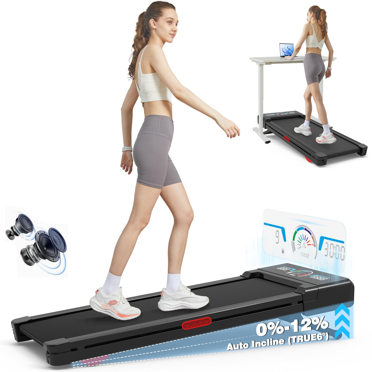 TRAILVIBER Walking Pad Treadmill with 12% Auto Incline, LED Screen & Bluetooth Speaker - 450 lbs Capacity